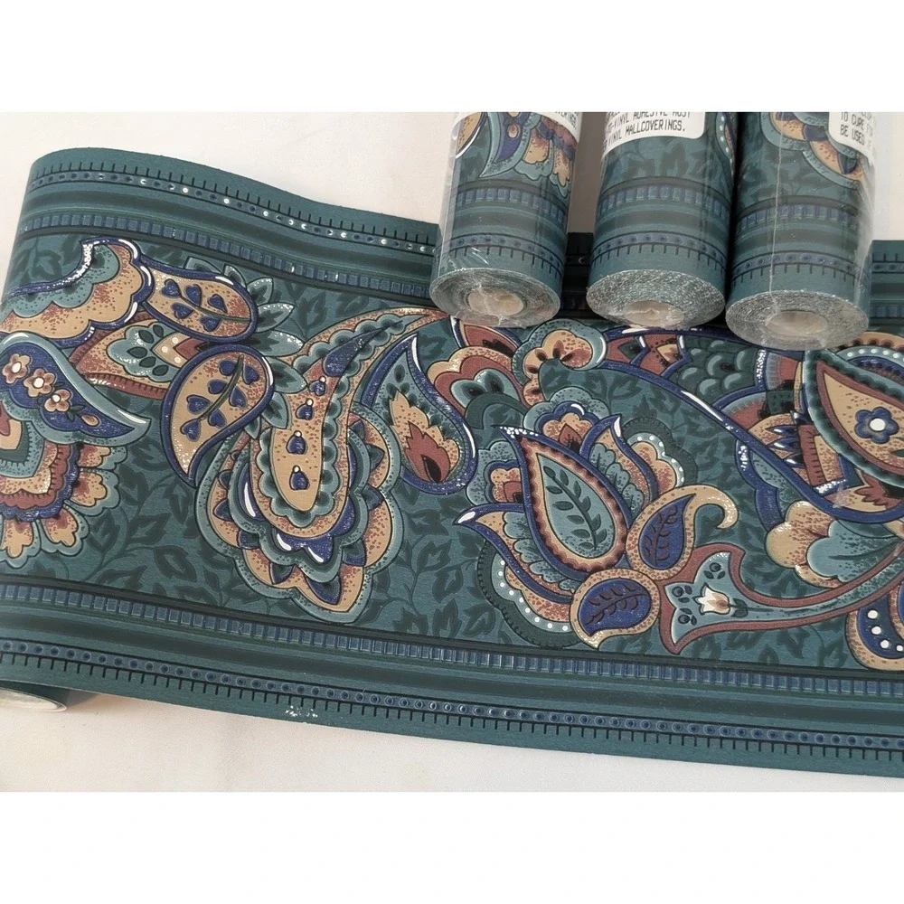 VTG 90s Green Paisley Wallpaper Border 4 Rolls Floral Vinyl Prepasted Scrubbable